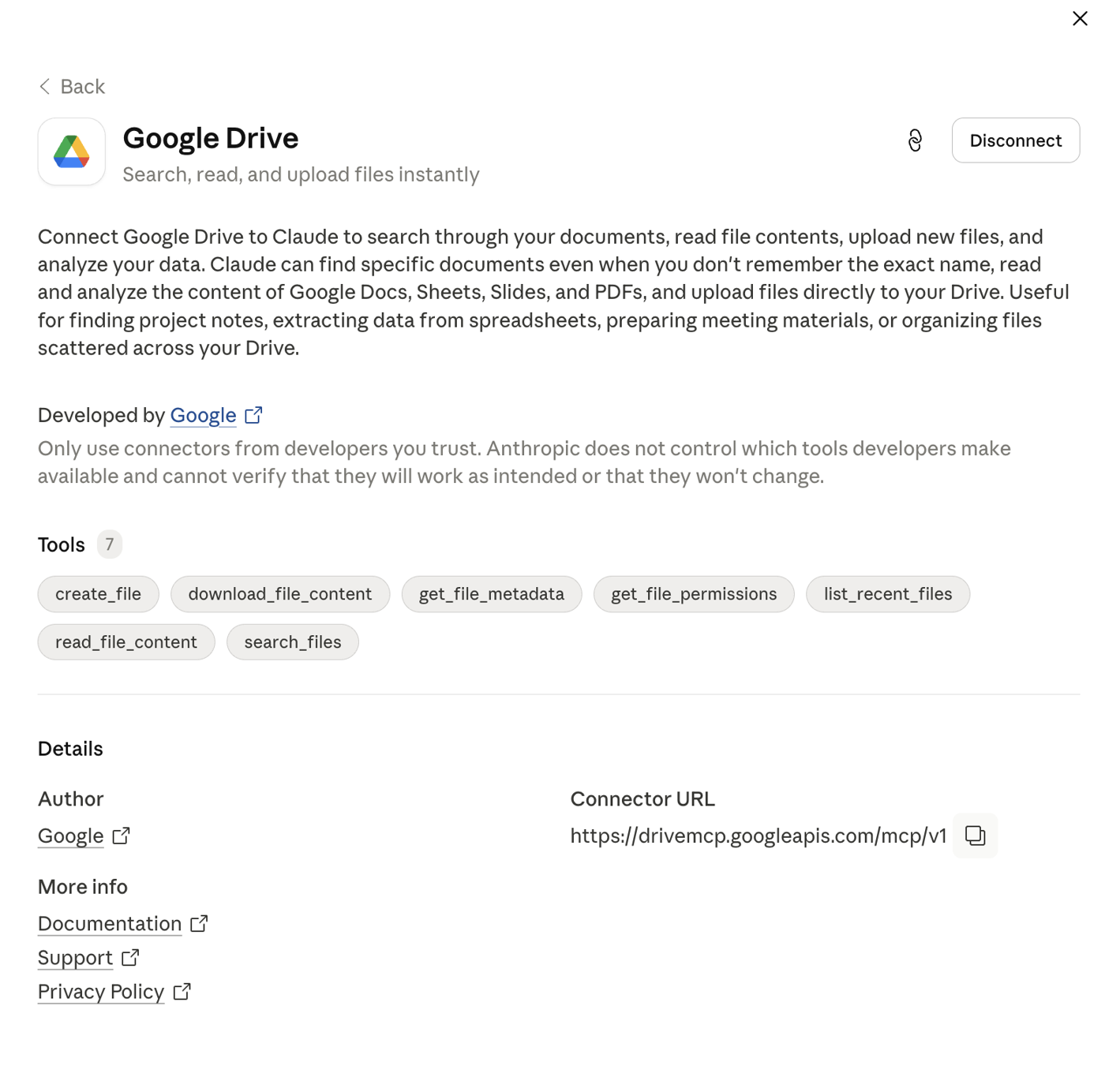 Claude: Details des Google-Drive-Konnektors, Autor Google