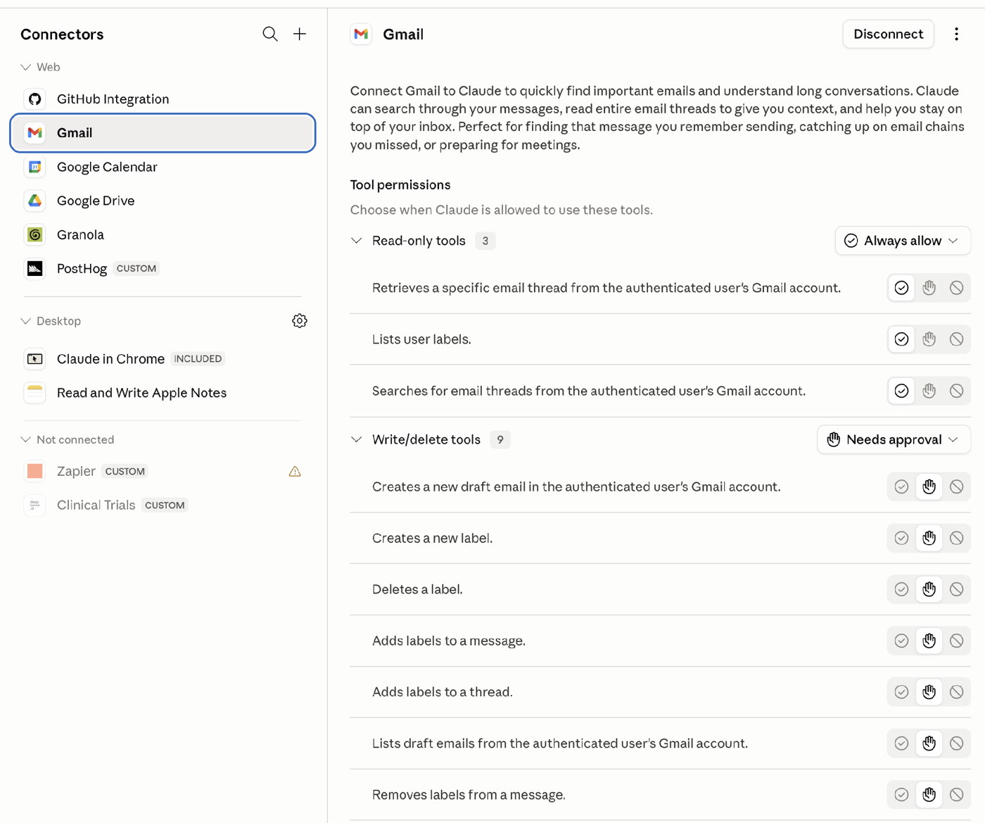 Claude: Berechtigungen des Gmail-Konnektors, nur lesen erlaubt, schreiben braucht Freigabe